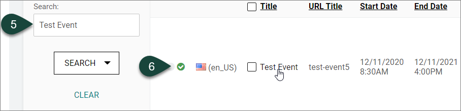 Shows the Search field where the title of the event can be input. Then, shows the list of matching results where the event can be selected from.