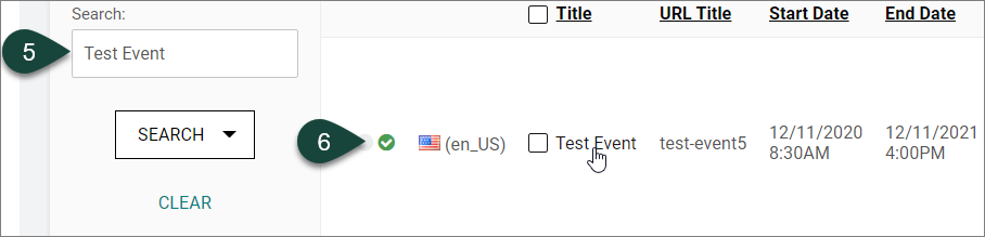 Shows the Search field where you can type in and search for your event, and select the event from Matching Results.