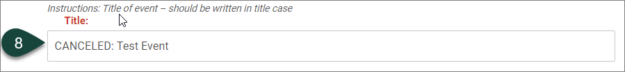 Shows new text "CANCELED:" that should appear before the Title of the Event in the Title field.