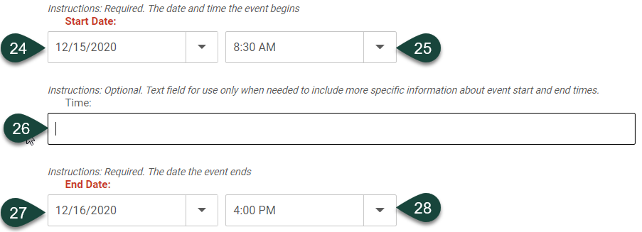 Shows fields for Start Date, Start Time, Time, End Date and End Time.