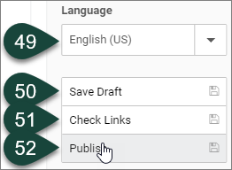 Shows the final publishing buttons, which includes Language, Save Draft, Check Links and Publish.
