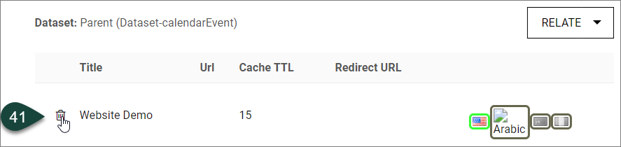 Indicates the "trash can" symbol button to be selected to remove an applied relationship.