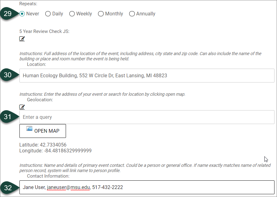 Shows the fields for Repeats, Location, Geolocation, Open Map and Contact Information.