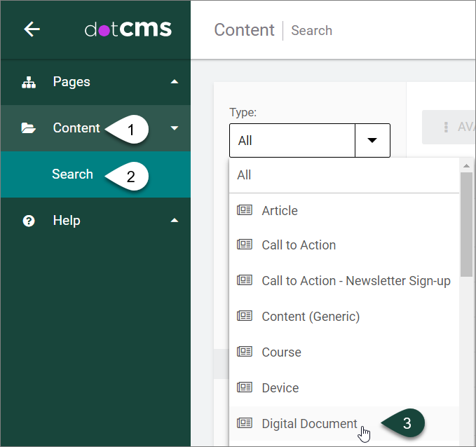 Shows where to access the Content dashboard and select for the Digital Document type in dropdown menu.