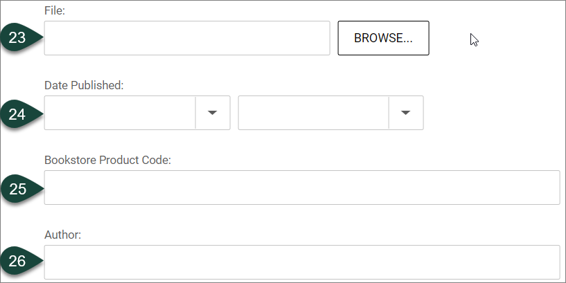 Shows fields where you can input or upload the File, Date Published, Bookstore Product Code or Author of the digital document.