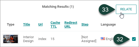 Showing Relate Search window with Matching Results selected and the Relate button to be selected.