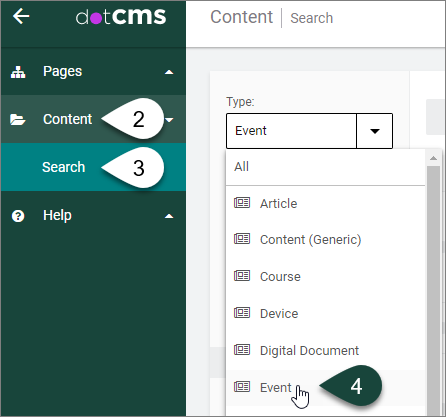 The dotCMS content dashboard with Type drop down menu showing the different content types that can be selected, such as Event.