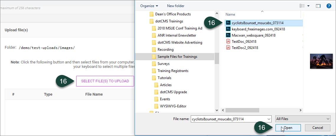 Shows the two-step process for selecting a file from your computer to upload into a dotCMS website folder.