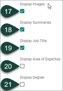 Shows the Display Fields with check boxes to indicate selection preference. These preferences include Display images (default), Display Summaries (default), Display Job Title (default), Display Areas of Expertise (non-default) and Display Degree (non-default).