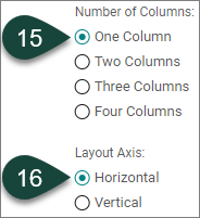 Shows the Number of Columns with options to select for One to Four columns. It also shows the Layout Axis with options to select for Horizontal or Vertical layout.