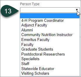Shows the Person Type drop-down menu, including options to select for 4-H Program Coordinator, Adjunct Faculty, Alumni, Community Nutrition Instructor, Emeritus Faculty, Faculty, Graduate Students, Postdoctoral Researchers, Specialists, Staff, Statewide Educator and Visiting Scholars.