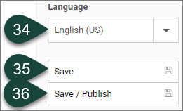 Shows the publishing buttons, including Language drop-down menu with English set as default, the Save button and the Save/Publish button.
