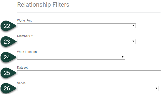 Shows the Relationship Filter drop-down menus, including Works For, Member Of, Work Location, Dataset and Series.