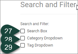 Shows the Search and Filter check boxes for Search Box, Category Drop-Down and Tag Drop-Down.