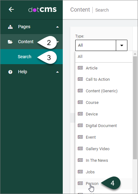 How to navigate from the Content dashboard in dotCMS and select for the Person Profile content type.