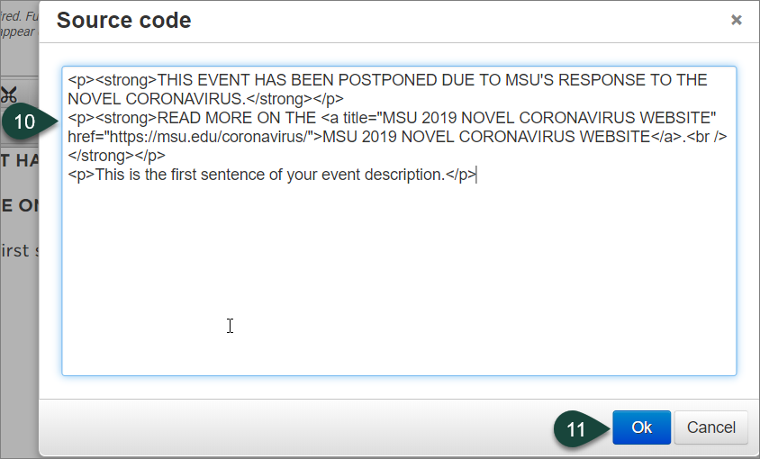 Shows the Source Code or HTML code window with the new code text added in front of the event code description content.