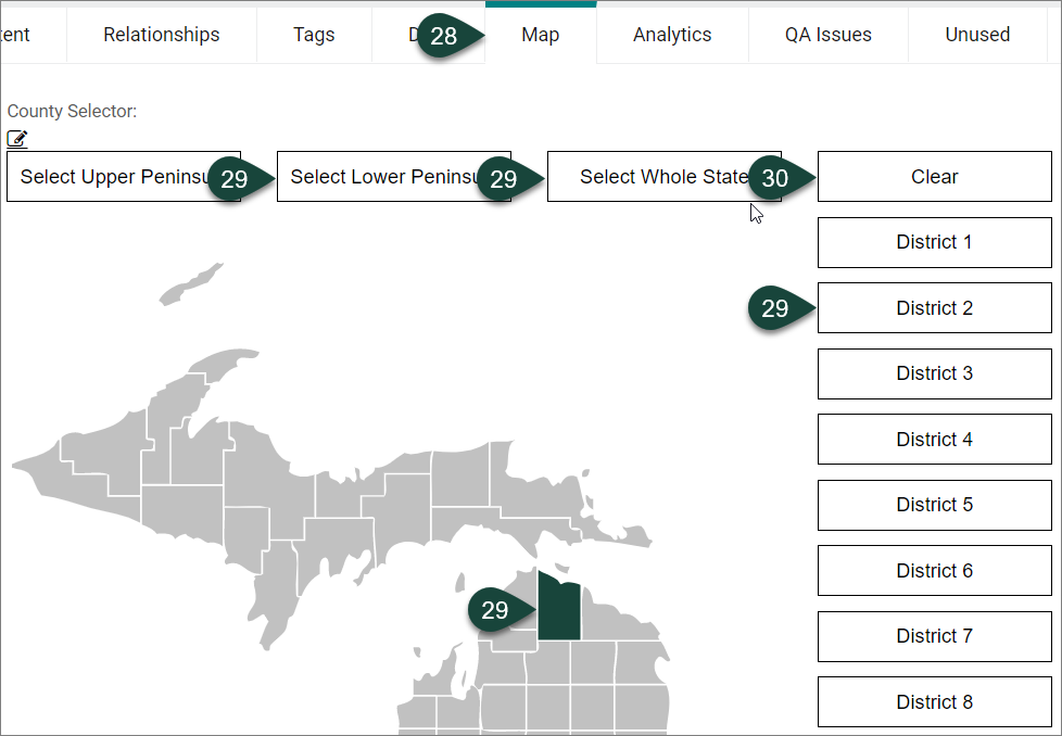 Map Tab with County Selector options.