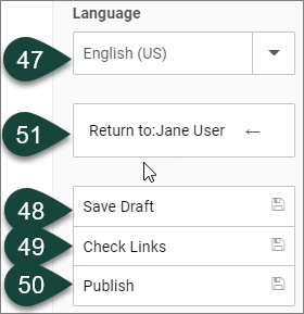 Final steps buttons, including Language, Return to:, Save Draft, Check Links and Publish.