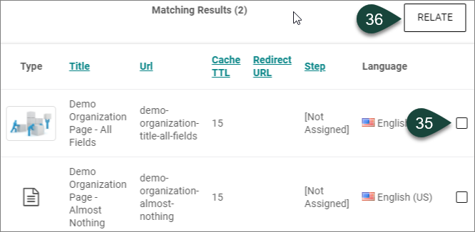 Relate Search window with Matching Results and the Relate button indicated.