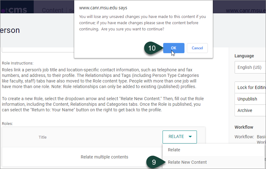 Roles field with the Relate button drop-down menu showing the Relate New Content button. Also shows Person profile warning notification.