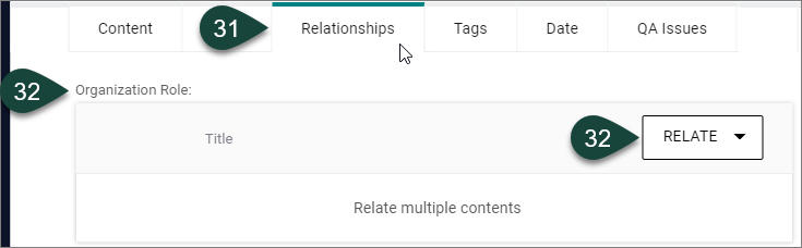 The Relationships tab where other content types may be related to a person's role.