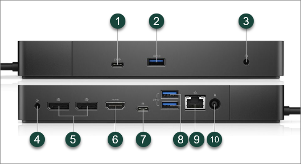 back and front of a docking station with the ports labeled with numbers