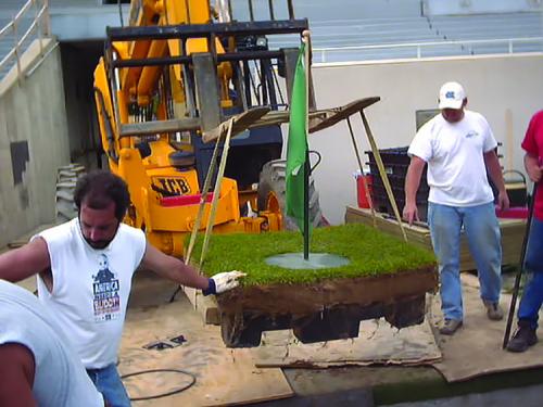 A portable turfgrass module ready to be  installed in the Olympic Stadium in Athens.