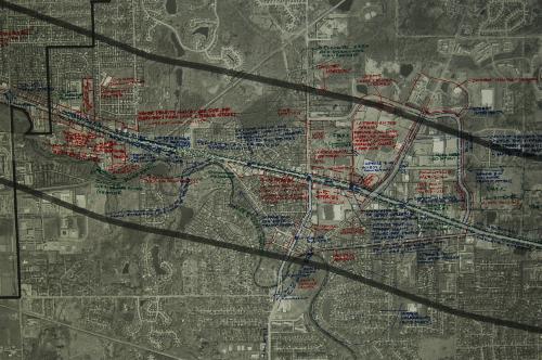 An example of a compilation of ideas and discussion from the May 1, 2013 Opening Event for part of Meridian Township. These ideas were further evaluated, refined, and prioritized before becoming a part of the final work-in-progress presentation May 7, 2013.