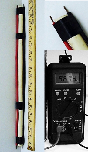 oil probe made of 1/2" PVC, No. 10 insulated wire (left). Bared wire ends (top right). Ohm meter (bottom right).