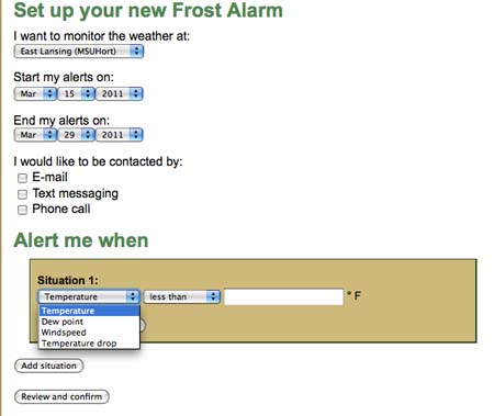 Setting up your frost alarm; selecting weather stations and conditions to generate the alarm. 