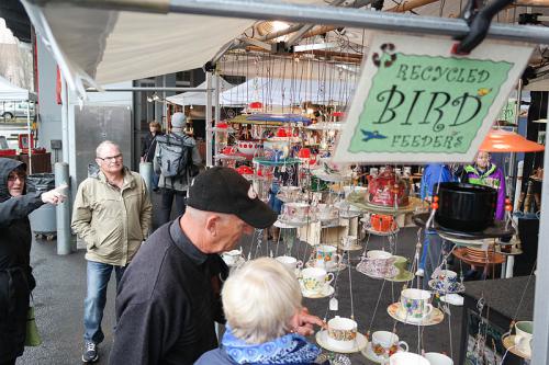 Recycled bird feeders on display