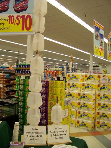 tower of milk jugs