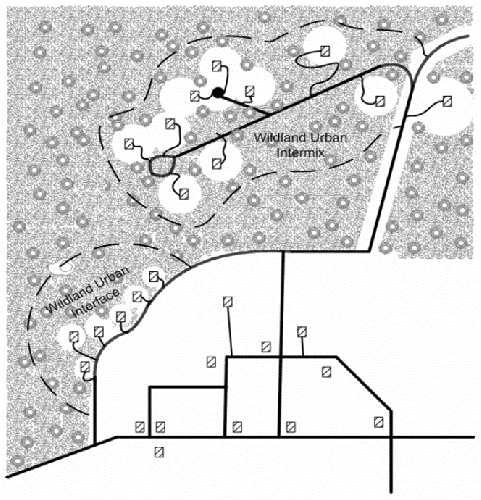 Graphical depiction of the wildland/urban interface and wildland/urban intermix.