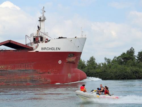 Large and small boats on Detroit River image