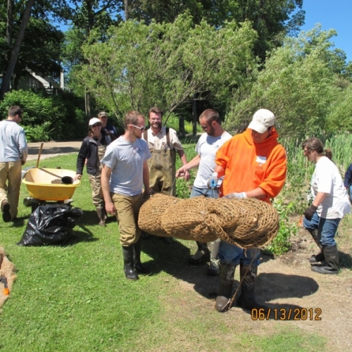 CNSP participants prepare to install a brush bundle wave break. 