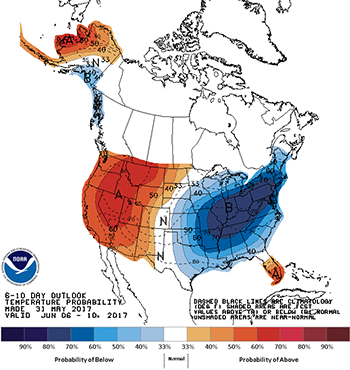 <h3><strong>Weather</strong></h3> <p>Weather this past week has continued to be nearly ideal for planting in most locations in south central and southwest Michigan, with rain missing most areas. Showers tended to be short-lived, although several sites received up to 0.45 inch of rain earlier in the week. Precipitation in some locations in May was on par with the unusually wet weather in May 2015 (Figure 1), although most have been closer to the five-year average.</p> <p><img alt=". Precipitation (inches) in May 2017 for several MSU Enviroweather sites in south central and southwest Michigan. " height="500" src="/uploads/images/Plant%20Ag/Fig1-SWreport-6-2-17.png" style="border: 1px solid black;" width="421" /></p> <p class="caption">Figure 1. Precipitation (inches) in May 2017 for several <a class="external_link" href="https://enviroweather.msu.edu/"><abbr title="Michigan State University">MSU</abbr> Enviroweather</a> sites in south central and southwest Michigan.</p> <p>Temperatures have been cooler than normal for this time of year with most locations in the region receiving only 70 percent of the heat units (growing degree-days, GDD 86/50) in May compared with the five-year average. Michigan State University climatologist Jeff Andresen says temperatures should be only 2-4 degrees Fahrenheit cooler than normal in the coming week.</p> <p>The 6-10 day outlook from the <a class="external_link" href="https://www.weather.gov/">National Weather Service</a> predicts cooler and drier than normal conditions in Michigan (Figure 2), although the 8-14 day outlook predicts a return to normal precipitation levels by mid-June.</p> <p><img alt="The 6-10 day outlook from the National Weather Service for temperature (left) and precipitation (right). " height="476" src="/uploads/images/Plant%20Ag/6-10DayTemps-6-2-17_1.png" style="border: 1px solid black;" width="450" />&nbsp;<img alt="The 6-10 day outlook from the National Weather Service for temperature (left) and precipitation (right). " height="475" src="/uploads/images/Plant%20Ag/6-10DayRain-6-2-17_1.png" style="border: 1px solid black;" width="450" /></p> <p class="caption">Figure 2. The 6-10 day outlook from the National Weather Service for temperature (left) and precipitation (right).</p> <p>Assuming a planting date of May 14, current and forecasted GDD accumulation since planting is shown in Figure 3. GDDs can be particularly useful in corn to estimate timings of important growth stages. The <a class="external_link" href="https://mygeohub.org/groups/u2u/gdd">U2U Corn Growing Degree Day Tool</a> (see Figure 4 for a sample output) is one such tool that allows you to input your crop parameters to see when you can expect to reach, for example, silking based on predicted and average GDD accumulation.</p> <p><img alt="GDD (86/50 F) from May 14-31 (current, green/filled bar) and June 1-7 (forecast, outlined bar) for several MSU Enviroweather sites in south central and southwest Michigan" height="500" src="/uploads/images/Plant%20Ag/Fig3-SWreport6-2-17.png" style="border: 1px solid black;" width="424" /></p> <p class="caption">Figure 3. GDD (86/50 F) from May 14-31 (current, green/filled bar) and June 1-7 (forecast, outlined bar) for several <abbr title="Michigan State University">MSU</abbr> Enviroweather sites in south central and southwest Michigan.</p> <p><img alt="A sample output from the U2U Corn Growing Degree Day Tool." height="353" src="/uploads/images/Plant%20Ag/U2UGDDSample.png" style="border: 1px solid black;" width="500" /></p> <p class="caption">Figure 4. A sample output from the U2U Corn Growing Degree Day Tool.</p> <h3><strong>Crop report</strong></h3> <p>According to the <a class="external_link" href="http://usda.mannlib.cornell.edu/MannUsda/viewDocumentInfo.do?documentID=1048">Crop Progress Report for May 28, 2017</a> from USDA&rsquo;s National Agricultural Statistics Service (<abbr title="National Agricultural Statistics Service">NASS</abbr>), 84 percent of <strong>corn</strong> acres in Michigan were planted and half of that had emerged. For <strong>soybeans</strong>, 65 percent was planted and 27 percent had emerged.</p> <p>Progress in the region appears well-ahead of these statewide statistics, although many have had to wait for soil to dry out from earlier precipitation. Some farmers have had emergence problems as post-planting rains caused crusting. Rotary hoes, and in some cases <a href="/news/planting_and_irrigation_in_the_same_week">irrigation</a>, have been utilized to increase chances of successful emergence.</p> <p>Early-planted <strong>soybeans</strong> in a few fields we&rsquo;ve walked with heavier soil have struggled to emerge. If beans have not emerged by two weeks after planting, it&rsquo;s time to do a bit of digging to see whether <a href="/news/identifying_and_responding_to_soybean_emergence_problems">seeds/seedlings have been infected</a> with <em>Pythium</em> (wet and cool), <em>Phytophthora</em> (wet and warm) or other soil-borne diseases.</p> <p>Several days this past week have had particularly windy conditions, and at times have kept sprayers out of fields.&nbsp;<a class="external_link" href="http://www.ipm.msu.edu/agriculture/field_crops/horseweed_marestail">Horseweed (marestail)</a> has started to bolt&mdash;watch for lack of control with glyphosate. Apply effective burndown prior to soybean emergence, particularly if the field has been suspected of having glyphosate-tolerant marestail. If weeds are greater than 4 inches before planting, tillage may be preferred as long as they are sufficiently uprooted.</p> <p>For more information, there are several <a class="external_link" href="http://msuweeds.com/publications/extension-publications/"><abbr title="Michigan State University">MSU</abbr> Extension articles on herbicide-resistant weeds</a>. You can also check out <a href="/"><abbr title="Michigan State University">MSU</abbr> Extension</a> bulletin E0434, &ldquo;<a class="external_link" href="http://msuweeds.com/publications/weed-control-guide/">2017 Weed Control Guide for Field Crops</a>,&rdquo; or visit the <a class="external_link" href="http://www.msuweeds.com/"><abbr title="Michigan State University">MSU</abbr> Weeds website</a>.</p> <p><strong>Wheat</strong> in the region reached the flowering stage at some point in the past two weeks, and many farmers have made head scab fungicide applications. The <a class="external_link" href="http://www.wheatscab.psu.edu/">Fusarium Head Blight Prediction Center</a> at Pennsylvania State University is currently predicting low risk of Fusarium head blight in Michigan (Figure 5), although it is recommended farmers check the website often as the disease can escalate quickly.</p> <p>Fields we have visited have shown only minor symptoms of leaf diseases, but a field in southeast Michigan reportedly had heavy flag leaf infection, highlighting the importance of scouting.</p> <p><img alt="Model predictions of fusarium head blight risk in Michigan according to the Fusarium Head Blight Prediction Center at Penn State. With varieties exhibiting slight or moderate resistance, risk is low throughout the Lower Peninsula." height="294" src="/uploads/images/Plant%20Ag/FHBModel.png" style="border: 1px solid black;" width="500" /></p> <p class="caption">Figure 5. Model predictions of fusarium head blight risk in Michigan according to the Fusarium Head Blight Prediction Center at Penn State. With varieties exhibiting slight or moderate resistance, risk is low throughout the Lower Peninsula.</p>