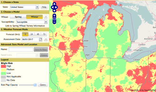 Model predictions of fusarium head blight risk in Michigan according to the Fusarium Head Blight Prediction Center at Penn State. With varieties exhibiting slight or moderate resistance, risk is low throughout the Lower Peninsula.