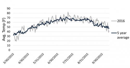 Graph of 2016 temperatures and 5-year average