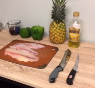 fish, green pepper, pineapple and teriyaki sauce for fish kabobs