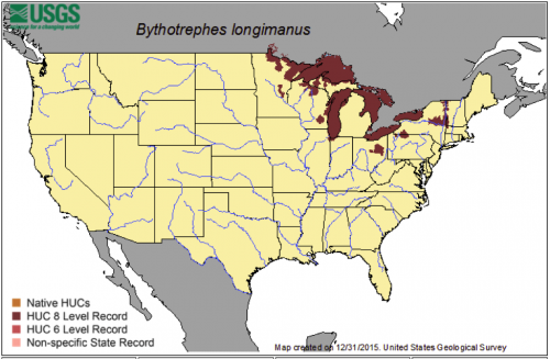 map of spiny waterflea range in US