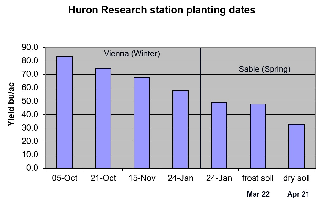 Graph of yield response over range of planting dates