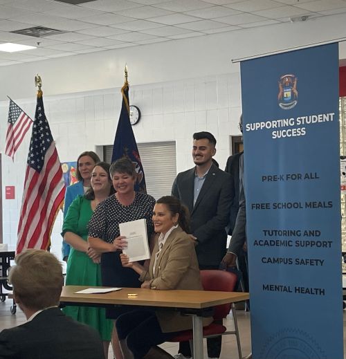 Governor Gretchen Whitmer shortly after signing the Michigan State School Aid Budget in the Suttons Bay Middle/High School Cafeteria.
