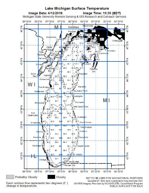 On April 12, 2016, Lake Michigan was warmest off of Chicago. A large plume of 41.7˚F water could be found at St. Joseph due to the inflow of the St. Joseph River. Farther north off of Grand Haven, 38.7 ˚F water probably made for slower fishing.