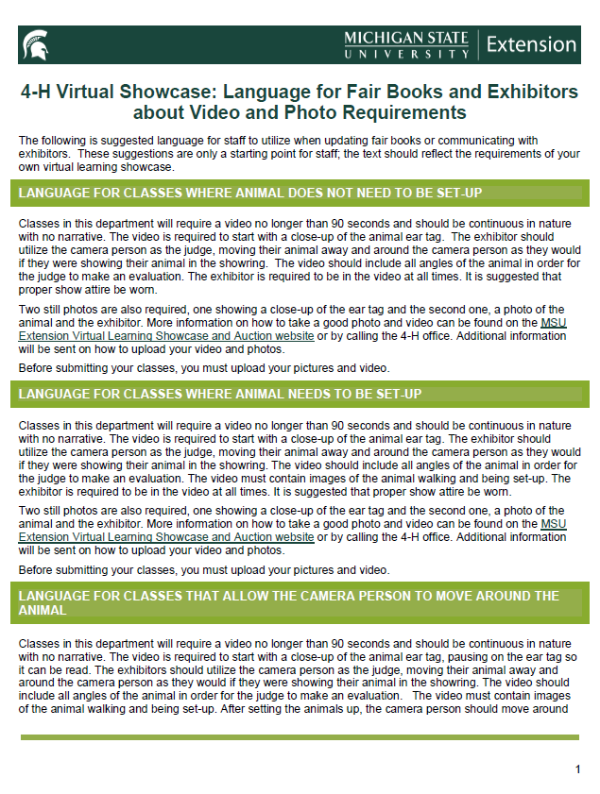 Thumbnail of 4-H Virtual Showcase: Language for Fair Books and Exhibitors about Video and Photo Requirements document.