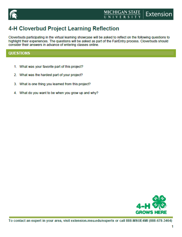Thumbnail of 4-H Cloverbud Project Learning Reflection document.