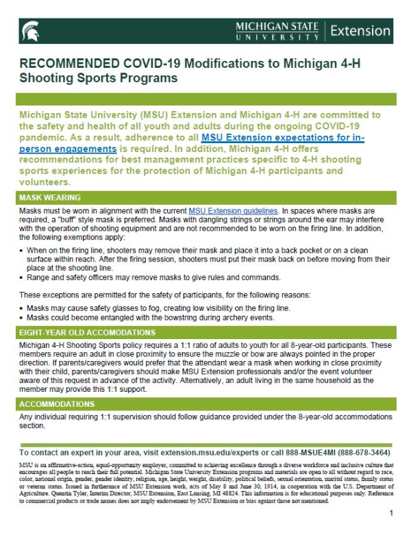 Thumbnail of the COVID-19 Modifications for Michigan 4-H Shooting Sports Programs document.
