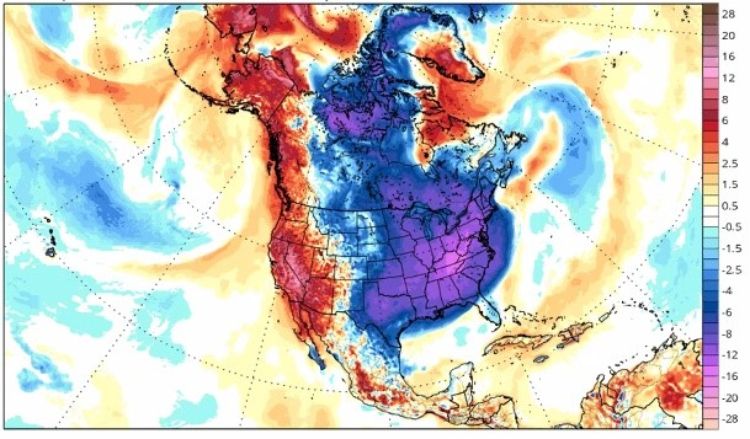 Temperature anomaly for Saturday morning