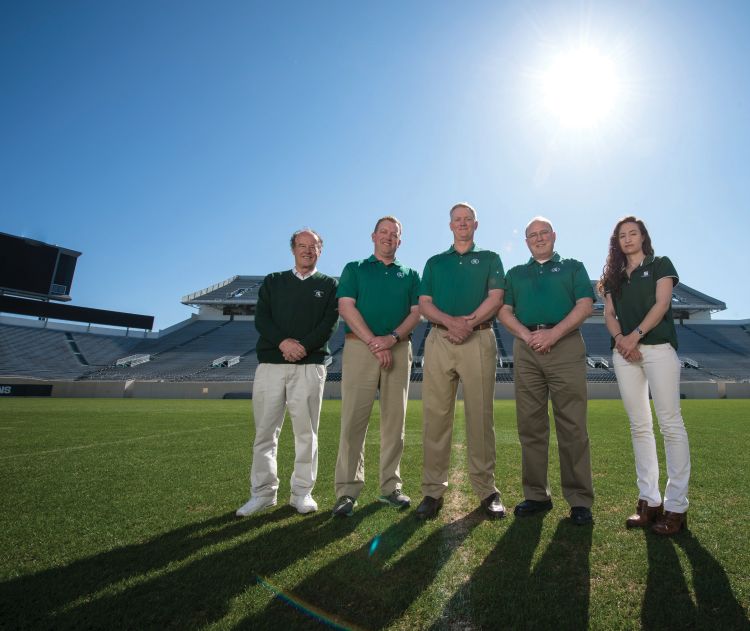 MSU turf scientists (right to left) Joe Vargas, Kevin Frank, Trey Rogers, James Crum and Emily Merewitz.