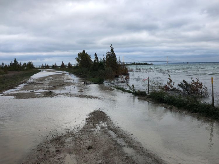 Lake Michigan's high water levels are seen in 2019 at Point La Barbe in St Ignace. Photo: Elliot Nelson, Michigan Sea Grant