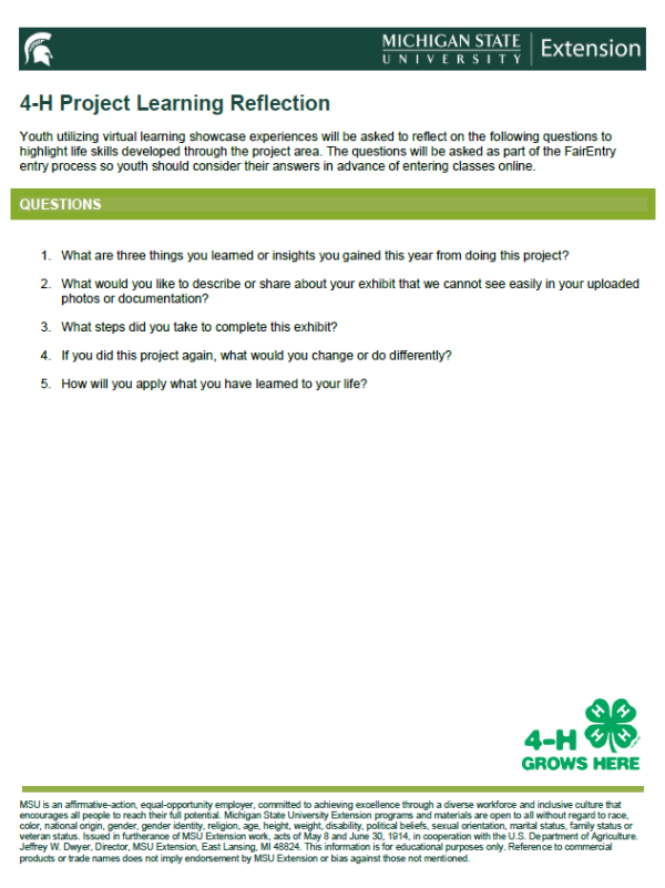 Snapshot of 4-H Project Leaning Reflection document.